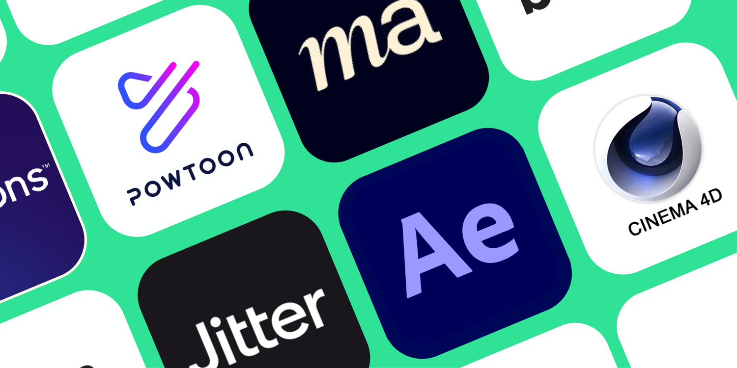 Logos de logiciels de motion design : Adobe After Effects, Cinema 4D, Powtoon, Jitter