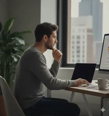 Homme pensif devant son ordinateur portable, en train de rédiger un email