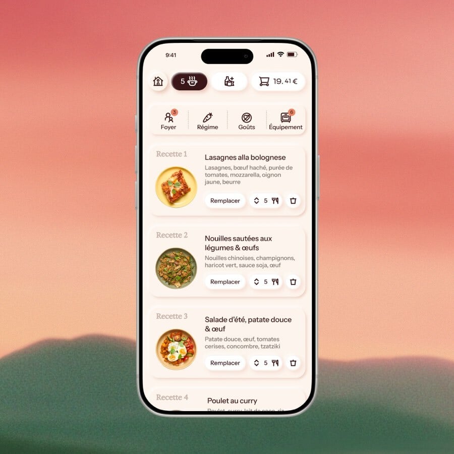 Écran Jowzi : menu de recettes personnalisé